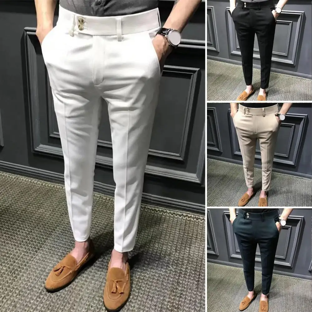 Chic Zip Up Straight Men Trousers Slim Fit Men Ninth Pants Anti-wrinkle Mid Waist Men Ninth Pants Male Clothes