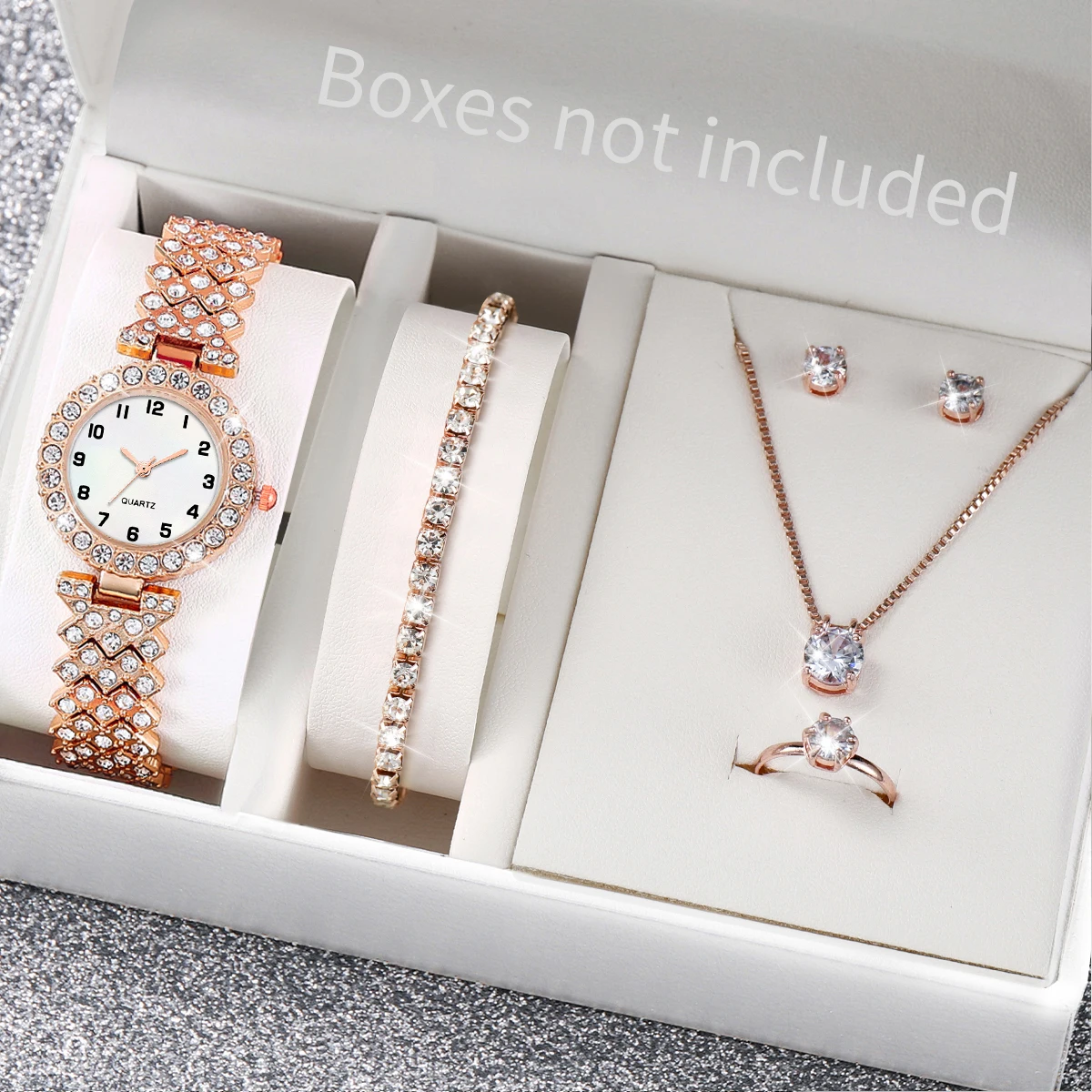 6PCS Women Watches Fashion Rhinestone Arabic Dial Steel Band Quartz Watch Diamond Jewelry Set(Without Box)