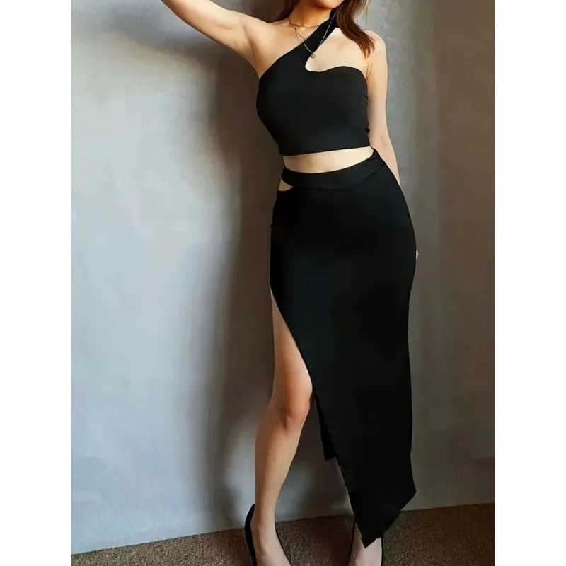GACVGA Elegante abito lungo con spacco alto con spalle scoperte Moda donna senza spalline senza maniche Backless Sexy aderente Club Party Abito lungo