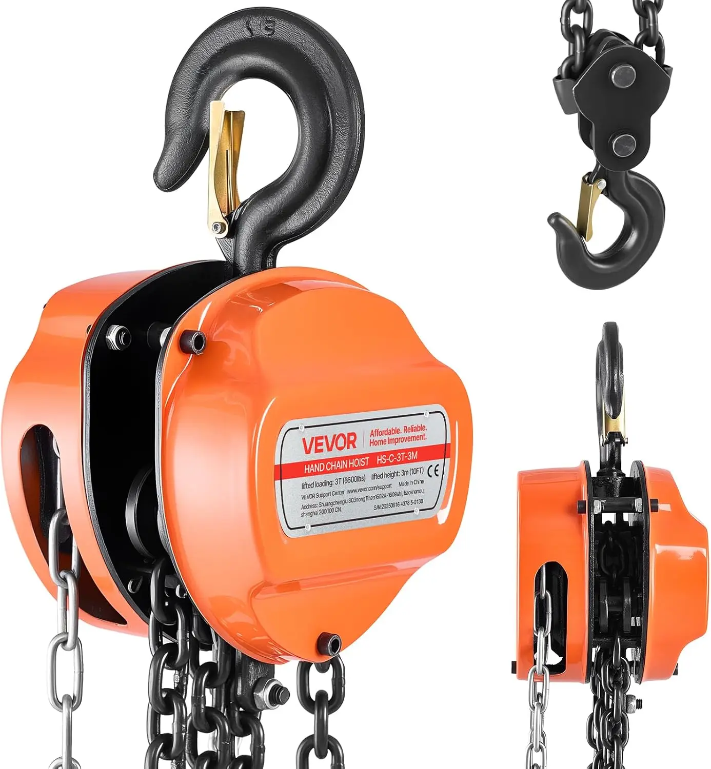 Hand Chain Hoist, 3 Ton 6600 lbs Capacity, Manual Chain Block with Upgrade G80 Galvanized Chain, 10 ft Lifting Height, Heavy Dut