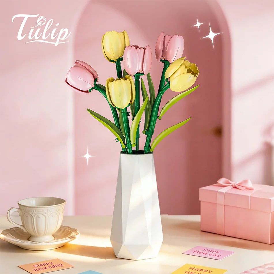 

Romantic Fulip With Pot Building Block Set DIY Creative Flower Model Assembly Bricks Toys Home Decor For Girl Adult Holiday Gift