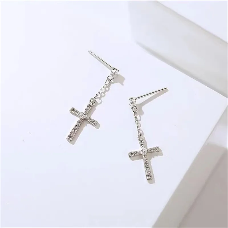925 Silver Plated Jewelry Asymmetry Tassel Crystal Cross Stud Earrings for Women Wedding Party Jewelry For Girls Gift e1980