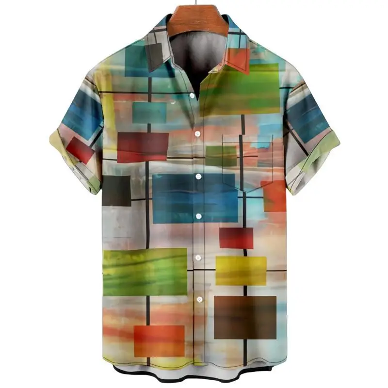 Men\'s Summer Plaid Printed Vintage Hawaiian Oversized Short Sleeve Shirt Harajuku Resorts Floral Fashion Funny Clothes Top Y2k