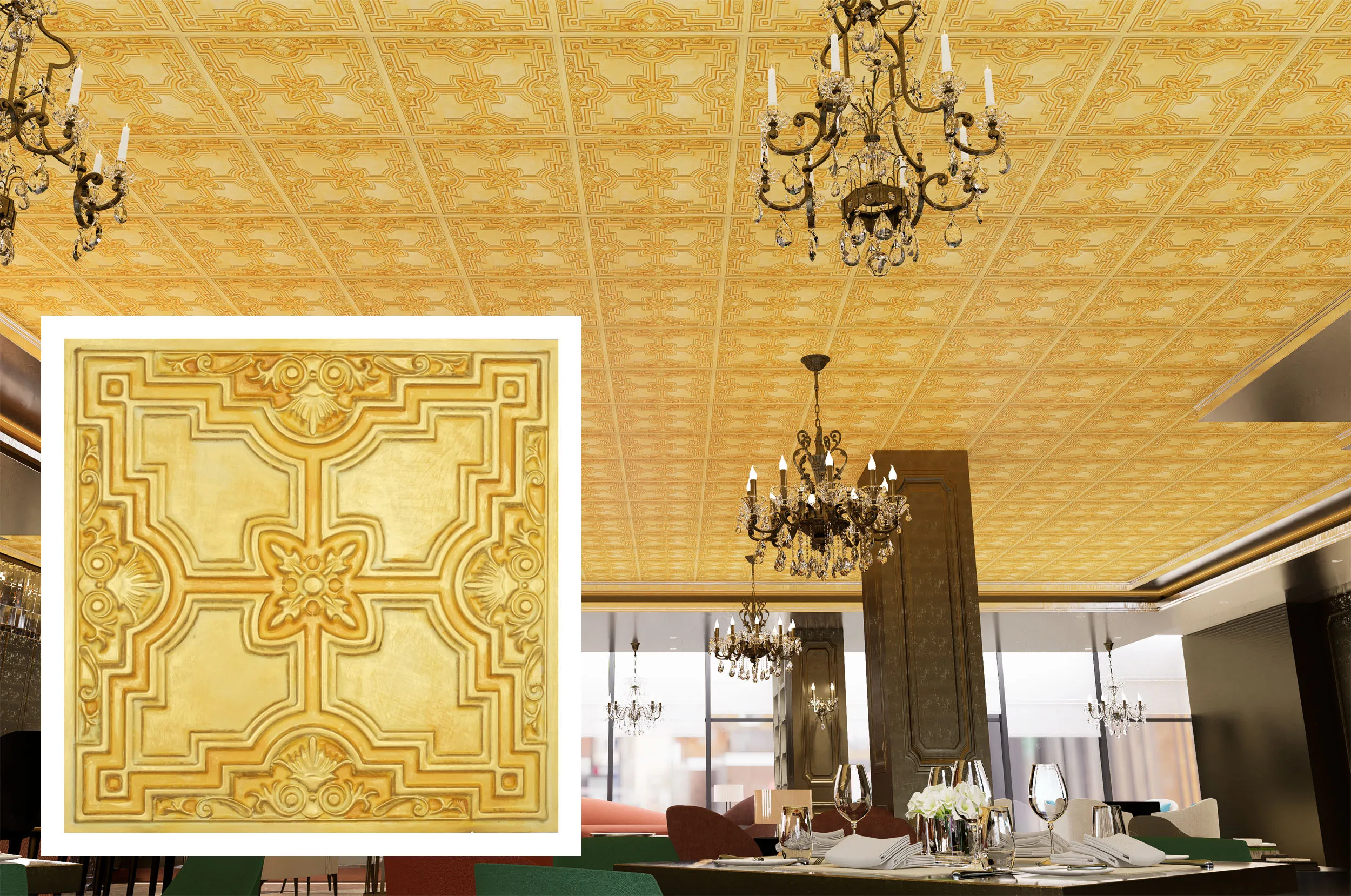 Faux Painting Ceiling Tiles PVC Tin Wall Panels Interior Decor for Cafe Club Salon PL16 Golden 10pcs