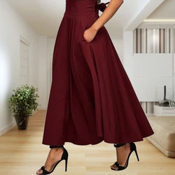 Women Fashion Vintage Solid Skirt Ankle-Length Flared Swing Satin Full Skirts With Pocket High Waist Pleated Long Skirt