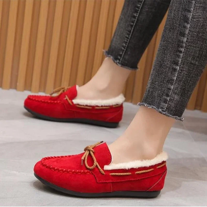 Winter Shoes Women Casual Flat Shoes Women\'s Moccasins Soft Loafers Fashion Comfort Warm Plush Bow Slip on Female Cotton Shoes