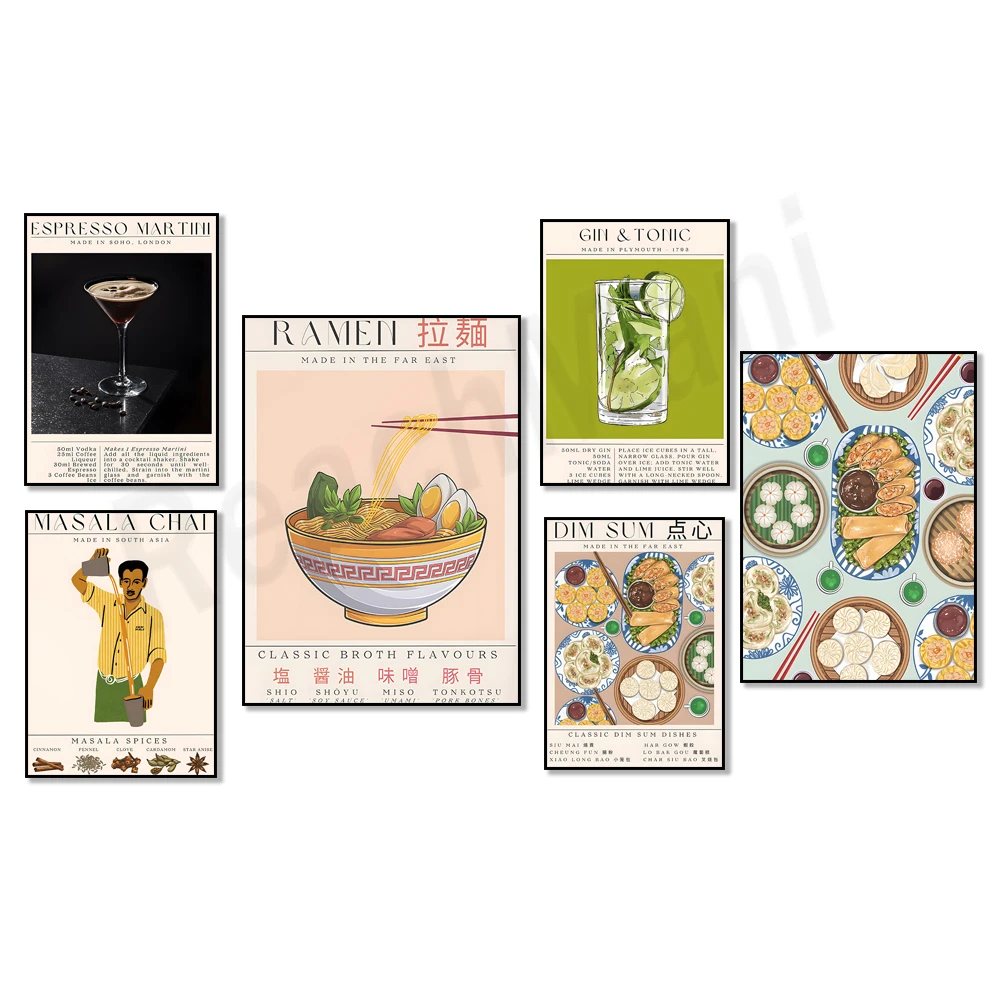 Dessert art, dumplings poster, espresso martini, ramen, pasta and wine, alcohol poster, modern kitchen decor, Chinese food art