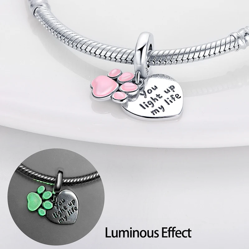 2024 Hot Sale Pink Dog Paw Luminous Pattern Charm Bead Fits Pandach Bracelet Women Silver Pendant Beads DIY Fine Jewelry Gift