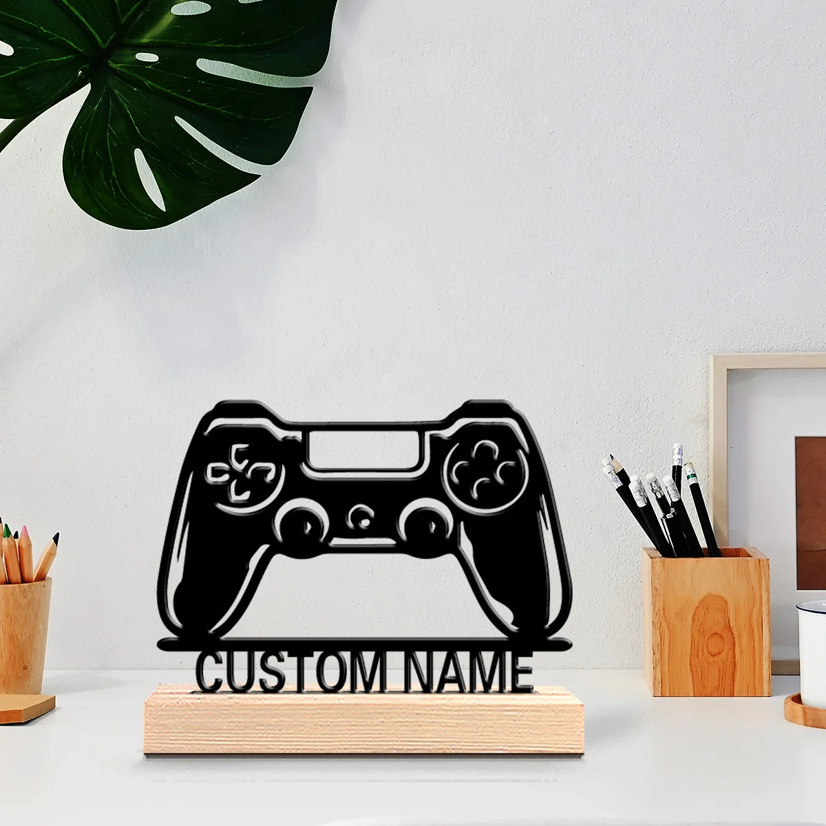 1pc Fashion gamepad Custom Letter Metal Statue Metal Ornament Handicraft With Wood Base Metal Statue Study Desktop Decoration