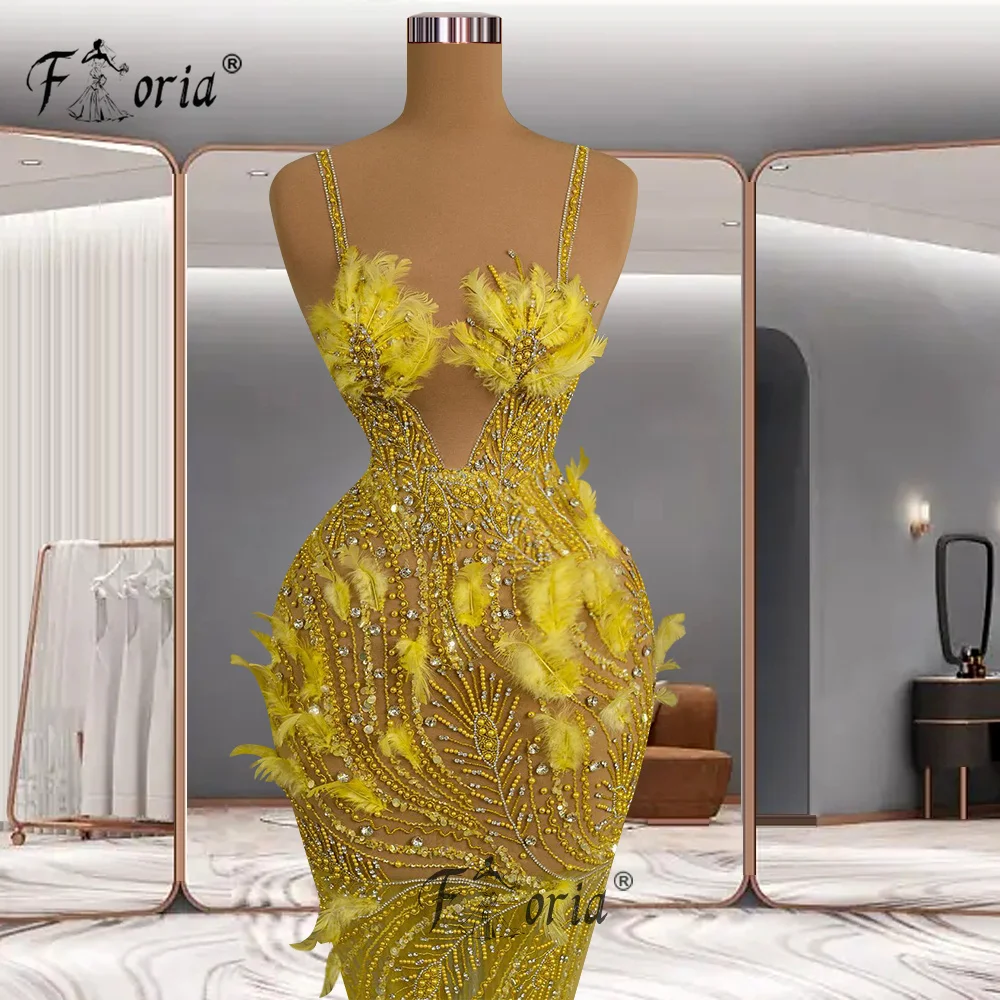 Exquisite Yellow Mermaid Party Dress Feather Beaded See Through Spaghetti Strap Formal Evening Gowns Couture Red Carpet Dresses