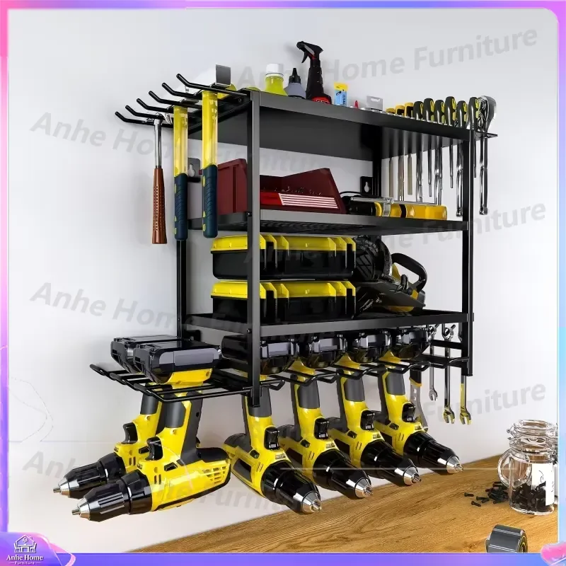for Wall Mount Tool Organizer Heavy Duty 2/4-Tier Garage Storage Rack with 6 Drill Holders and Hooks Space Saving Workshop