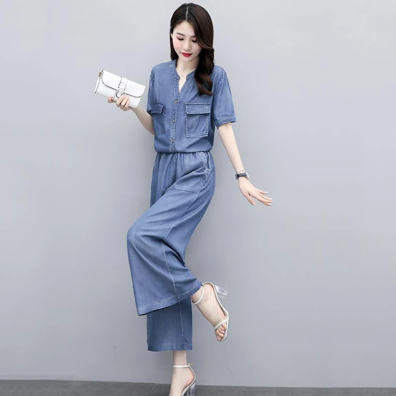 

Корейская мода, офисные брюки, женские повседневные женские джинсы, джинсовый костюм из двух предметов, женский костюм 2025 года, новые летние ковбойские комплекты из 2 предметов