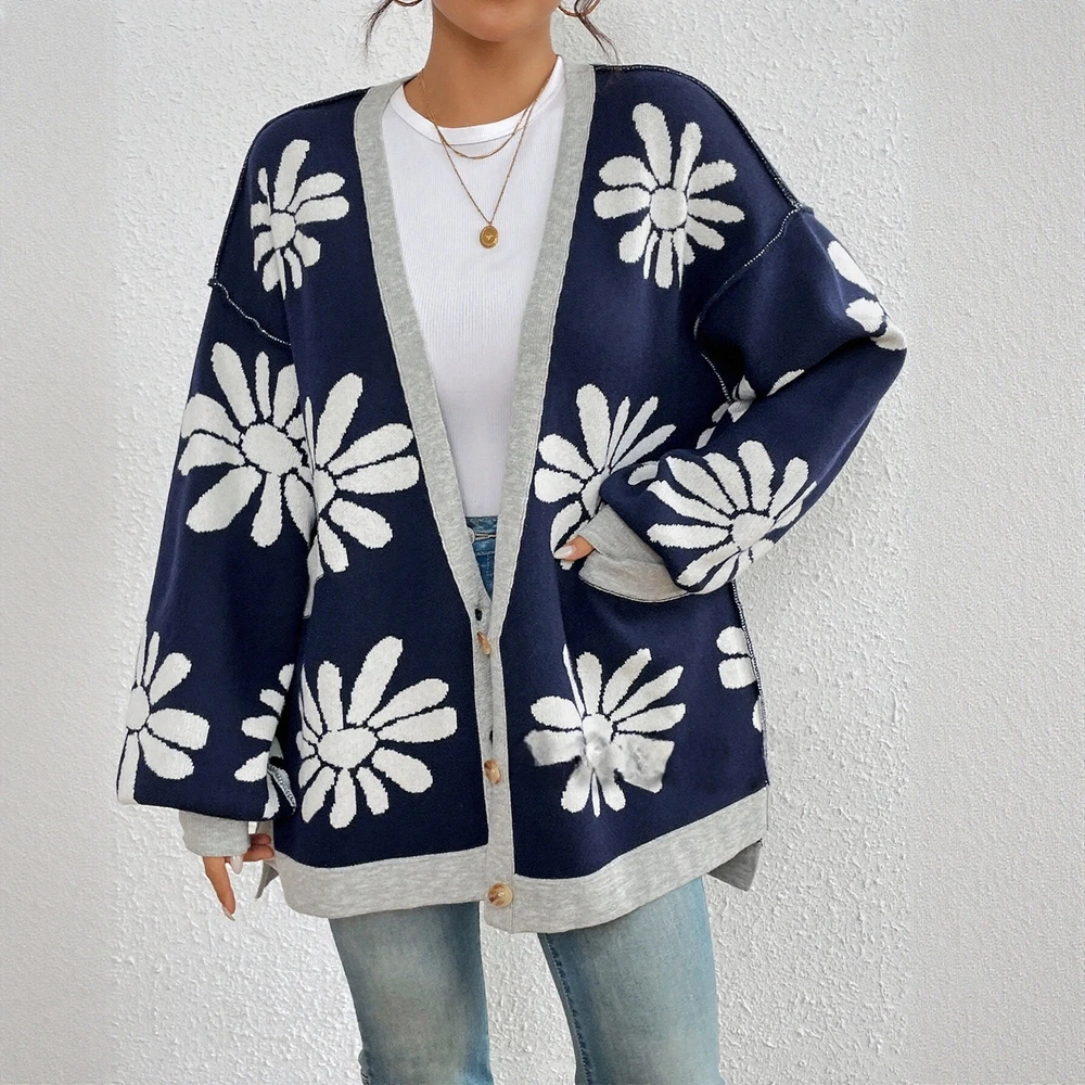 Cardigans florais femininos de manga comprida, elegantes, chiques, frente aberta, estilo casual para outono inverno, moda diária