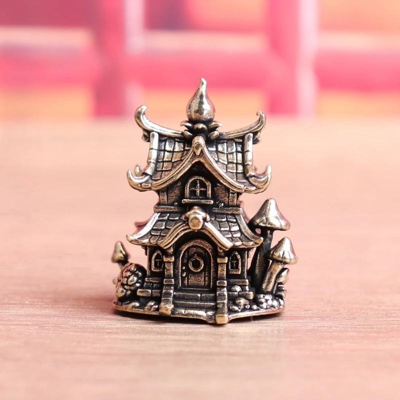 1 PC Unique Brass Mushroom House Vintage Mini Castle Figurine Retro Home Desk Decoration Tea Pet Craft Ornament Cartoon Present