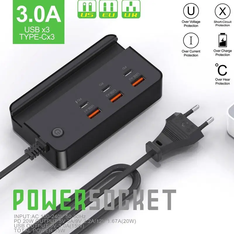 2 In 1 Multifunctional Desktop Power Strip With 3 USB 3 Type C Ports 35w Fast Charging Multiple Charging Port For Tablet Laptop