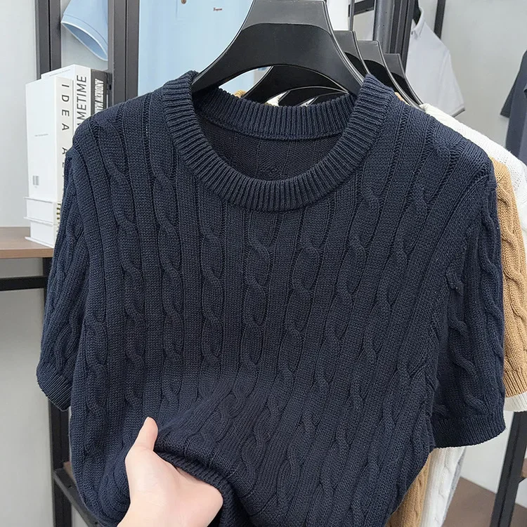 Herren-Kabelstrick-T-Shirt mit kurzen Ärmeln, 100 % Baumwolle, Rundhalsausschnitt, lässig, einfarbig, Sommer-Strick-T-Shirt – Detail 18