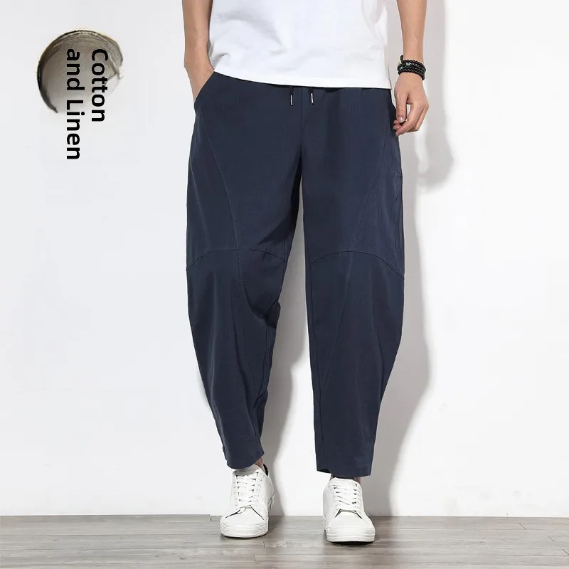Herren-Harlan-Hose aus Baumwollleinen, neun Fuß, Sport, lang, trendig, locker, gerade, Sommer, Herbst, dünne Freizeithose für Jugendliche