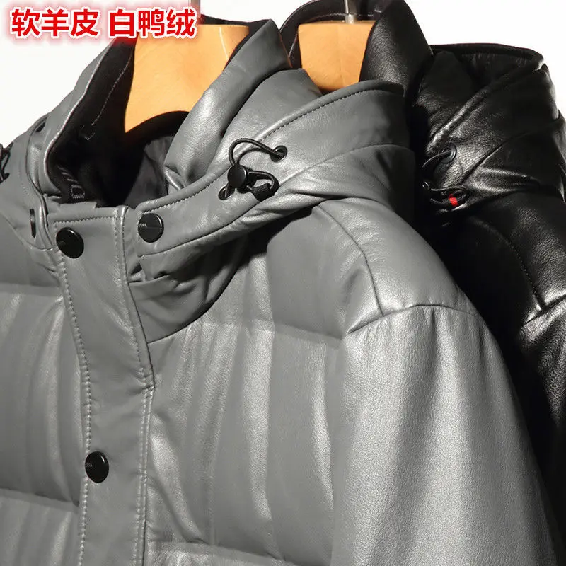 Winter Genuine Leather Coat Down Jacket For Men Mid To Long Sheepskin Coat Man Hooded Thick Soft Leather Duck Puffer Jacket Men