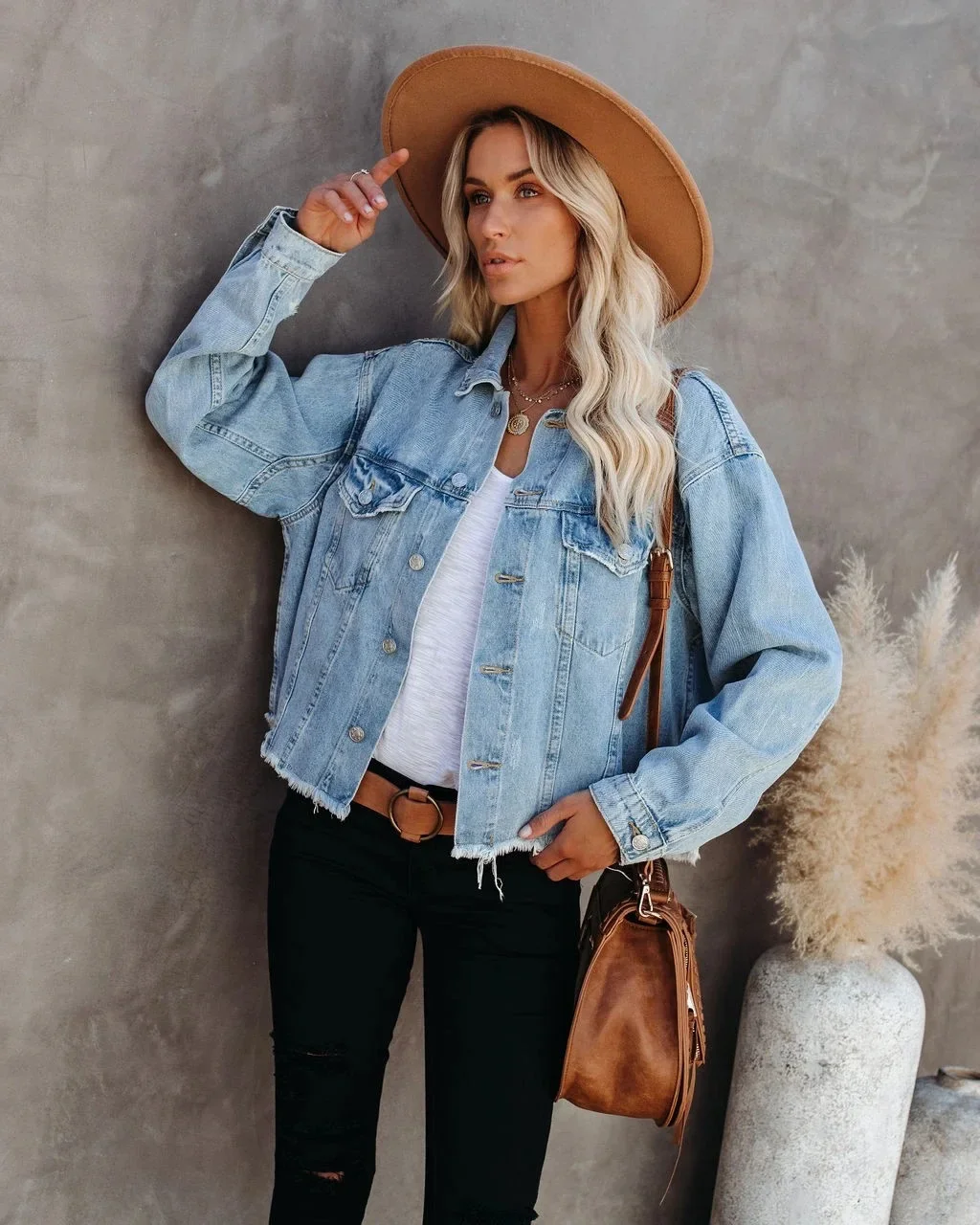 Denim Coat Women Distressed Turn Down Collar Cardigan Jackets Single Breasted Casual Basics Pockets Button Spliced Solid