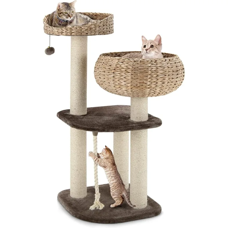 Cat Tree for Indoor Cats, Small Cat Tree with Natural Sisal Scratching Post, Hand-Made Wicker Cat Condo & Top Perch