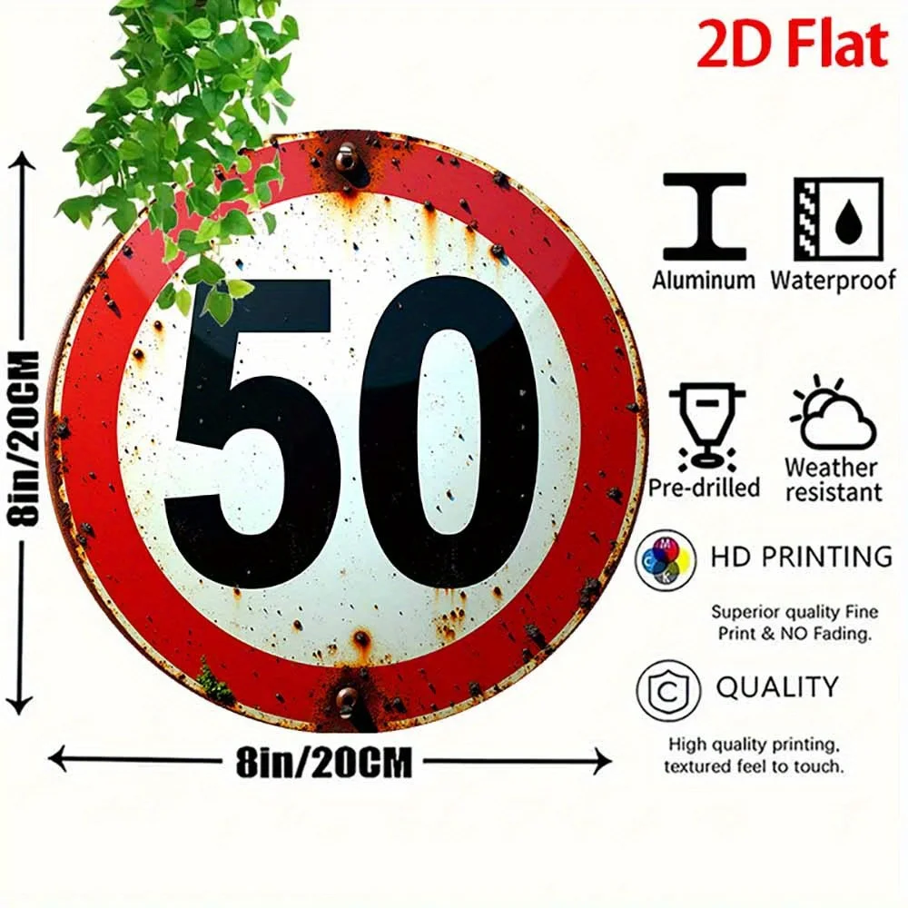 2D Flat, 1pc Vintage 50th Birthday Party Aluminum Sign - 20.32x20.32cm Round Wall Decor, Pre-Drilled Holes, Rustic Red & Design