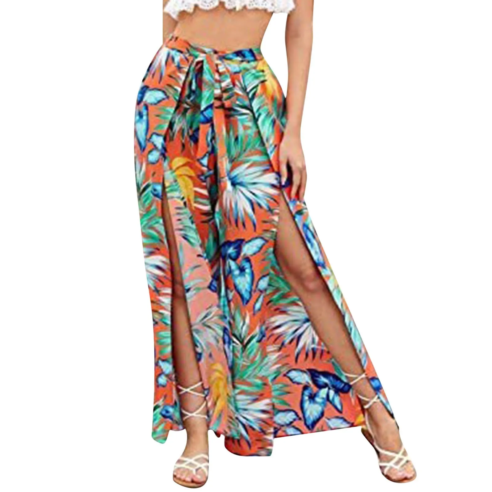 Leopard Print Tassel Lace Up  Wide Leg Pants Sexy High Wiast Side High Slit Beach Holiday Trouser Boho Flower Print Skirt Pants