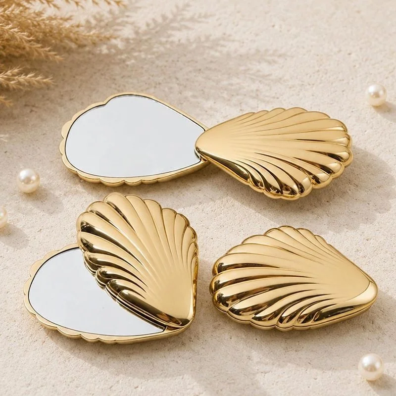 Seashell Handheld Makeup Mirror, Double Sided Portable Foldable Beauty Mirror, Small Hand Cosmetic Mirror for Travel & Daily Use