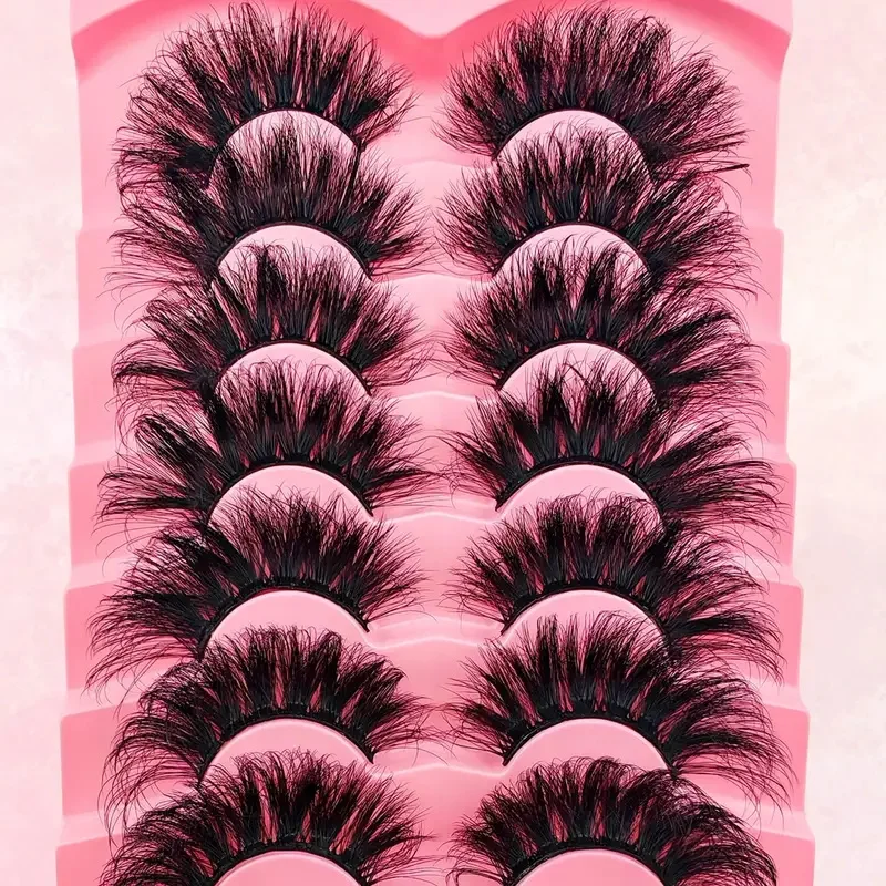 7 pairs of fluffy cat eye false eyelashes set -22-25mm thick, reusable D&C roll false eyelashes