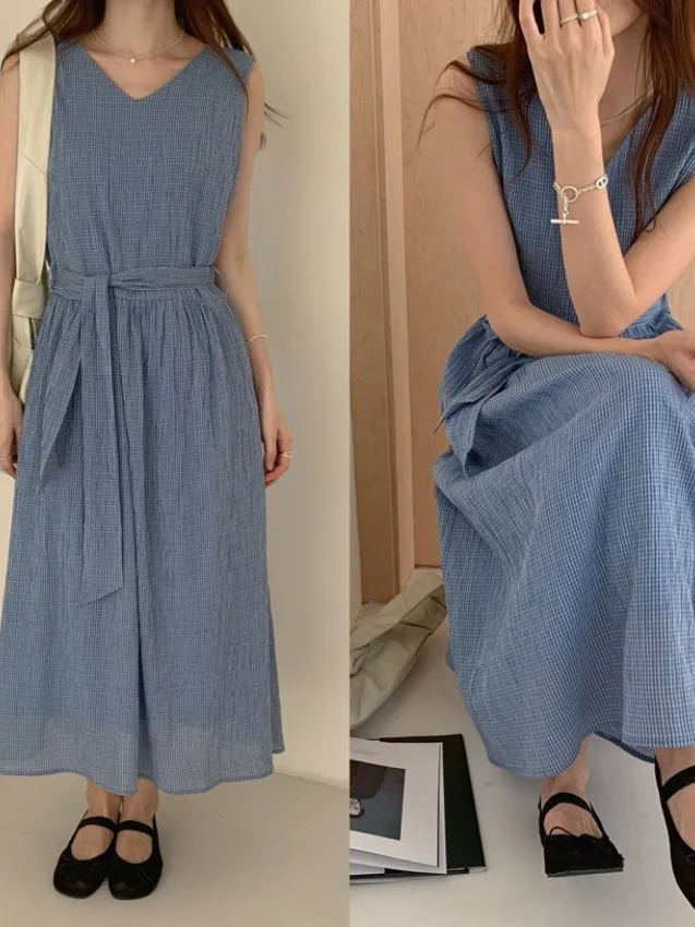 InsV-Ne Kolorowa Krata Kamizelka Dr Damska Letnia Nowa Retro Przeciwstarzeniowa Spódnica Długa z Paskiem w Talii Bez Rękawów Dzianinowa Dr