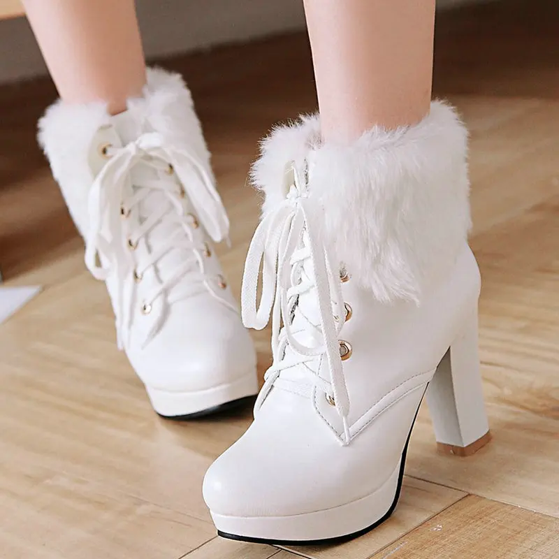 Amazon New High Heel Martin Boots round Toe Waterproof Platform High Heel Furry Women's Boots Sweet Front Lace-up Short Boots