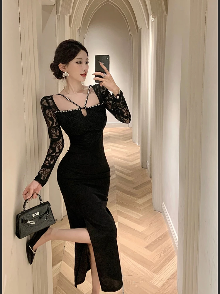 Fashion Women Vintage Square Collar Long Sleeve Midi Party Dress Coffee Break Sexy Lace Perspective Bodycon Skinny Female Dress