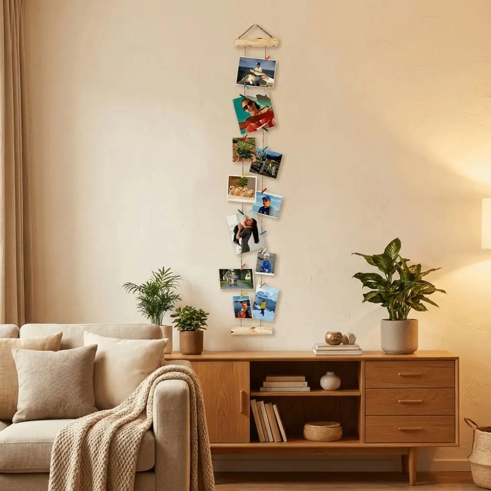 Nordic Style Hanging Photo Display Handcrafted Minimalist Wall Decoration Frame with Clips Decorative Photo Collage Frame