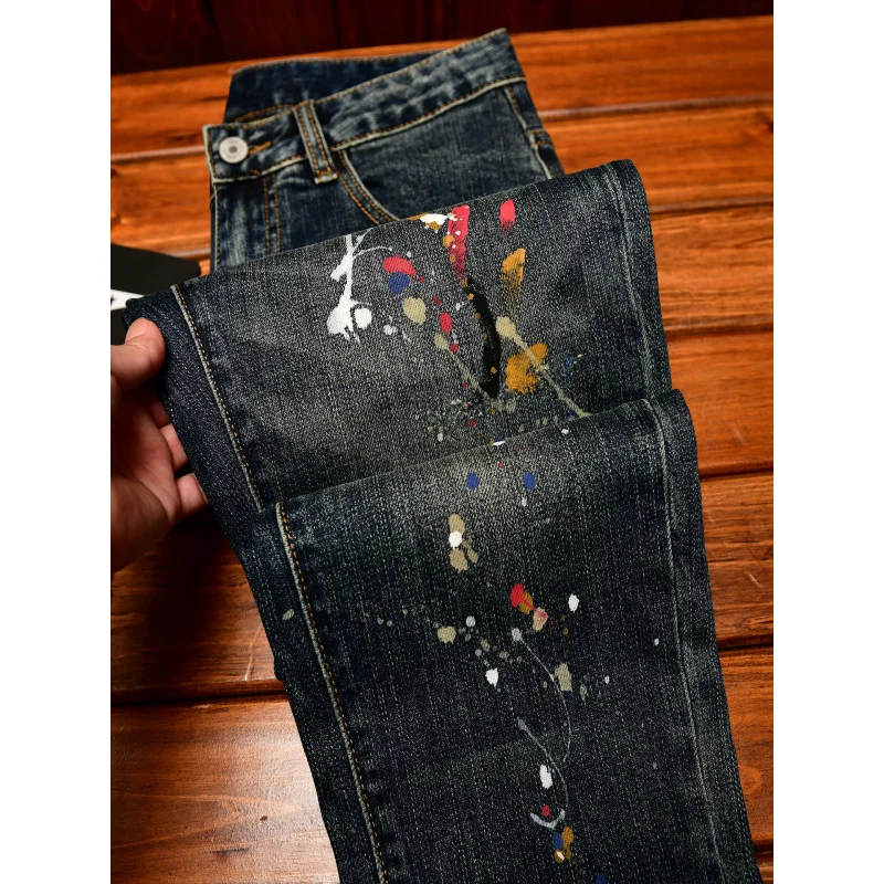 

Синие джинсы в стиле ретро, мужские модные прямые эластичные повседневные уличные ностальгические брюки с принтом краски
