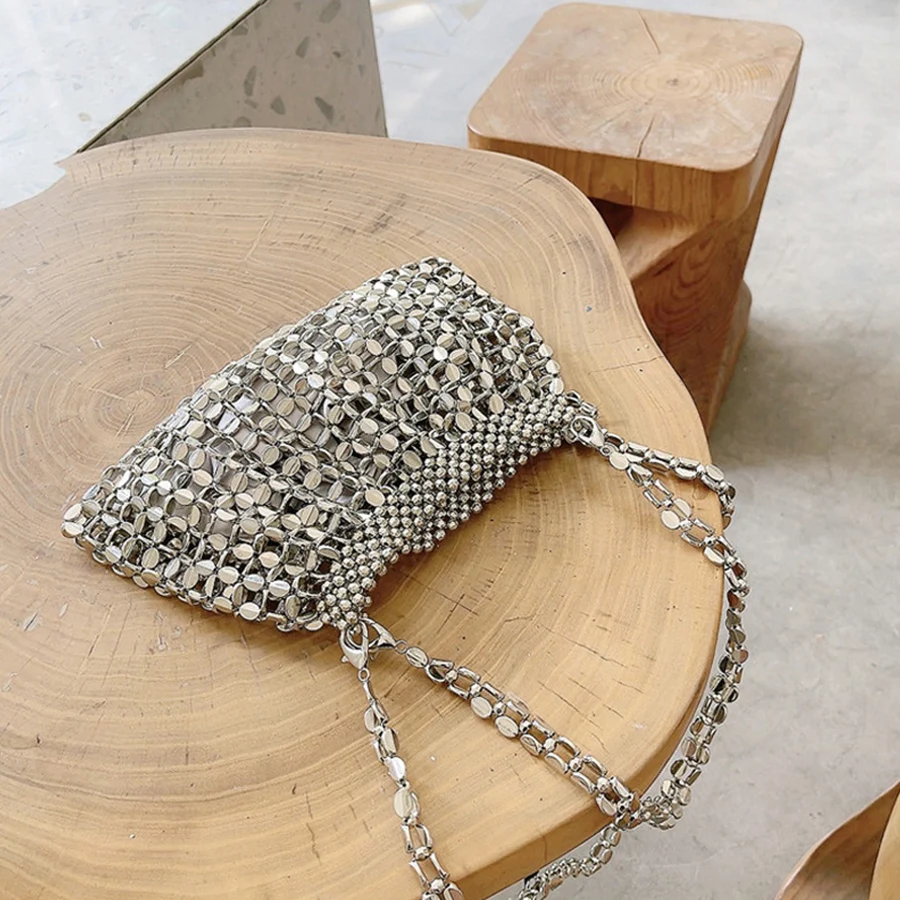 Women Silver Metal Evening Bags Sequins Chains Woven Totes Bag Hollow Out Clutch Purse Female Travel Hobos Shoulder Bag Handbags