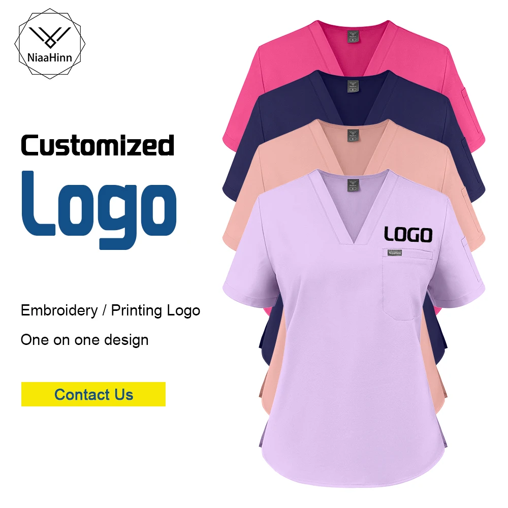 Custom Logo Embroidery Medical Uniforms Men Women Nursing Clothes Beauty Costume Nurse Scrubs Set Short Sleeved Top Flared Pants