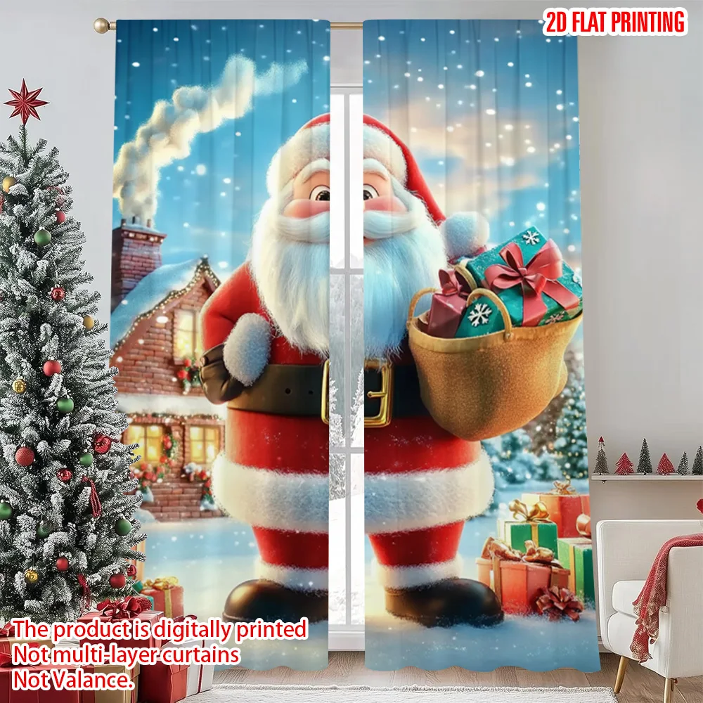 

2pcs 2D flat printing Merry Christmas Window Drapes Santa gift Versatile Polyester Without Electricity Family Party Decoration