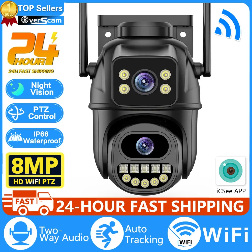 8MP 4K IP Camera Dual Lens Dual Screen PTZ Wifi Camera Outdoor Waterproof Security Video Surveillance Camera Police Light Alarm