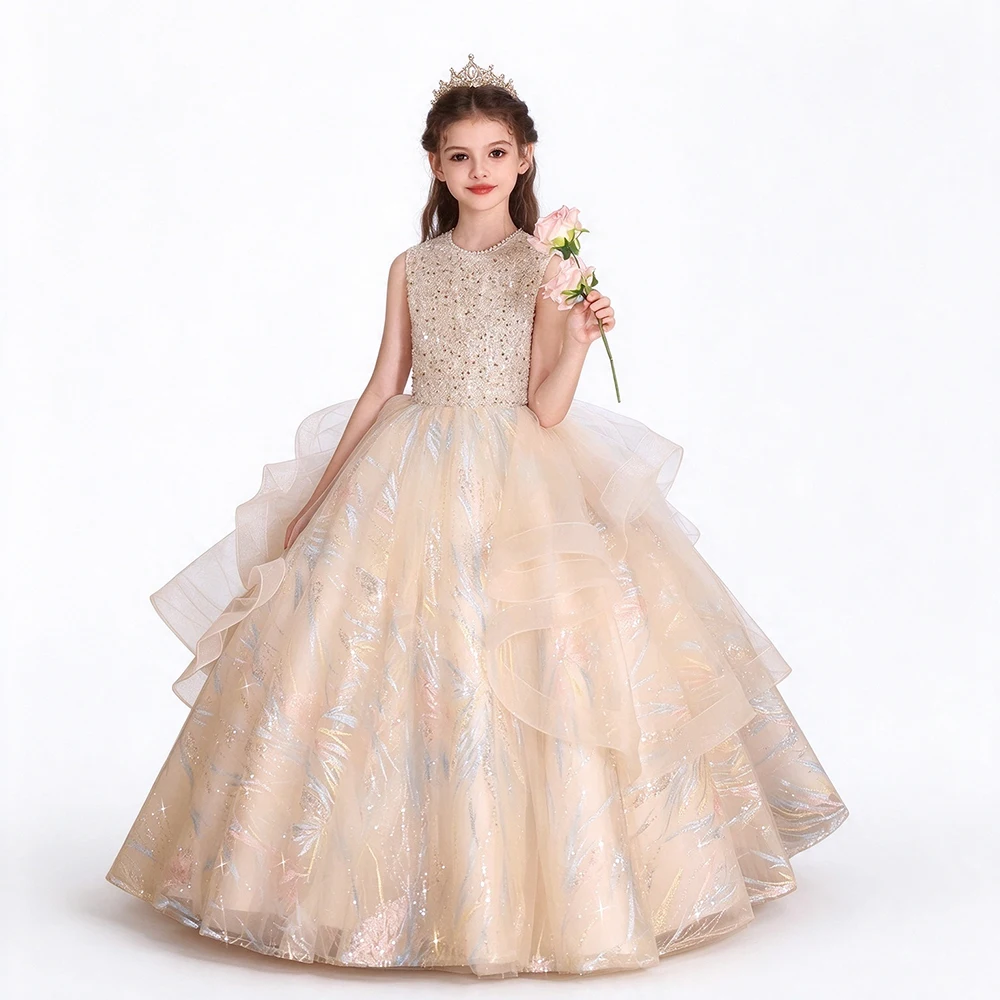 Luxury Girls Pageant Evening Party Prom Dress Sparkly Sequined Tulle Ruffle Princess Elegant Formal Occasion Graduation Dresses