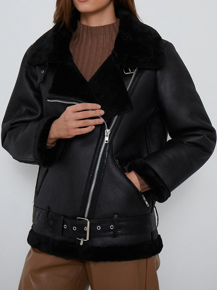 Ly Varey Lin Winter Faux Lamb Leather Jacket Women Faux Leather Lambs Wool Fur Collar Pu Moto Zipper Jacket Warm Thick Outerwear