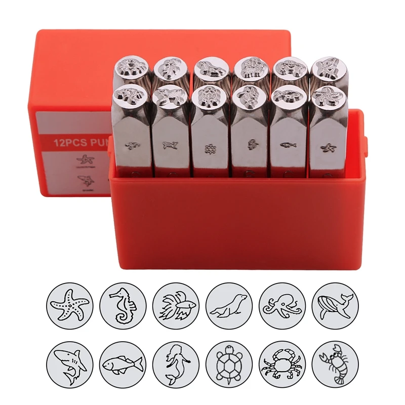 12Pcs 6mm Animals Pattern Design Metal Stamps Punch Stamping Tool Electroplated Hard Carbon Steel Tools For Leather Stamp Punch