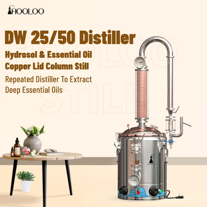 HOOLOO DW 25/50 Distiller Home Hydrosol & Essential Oil Copper Lid Column Still  Electric Heating Multifunctional Distiller