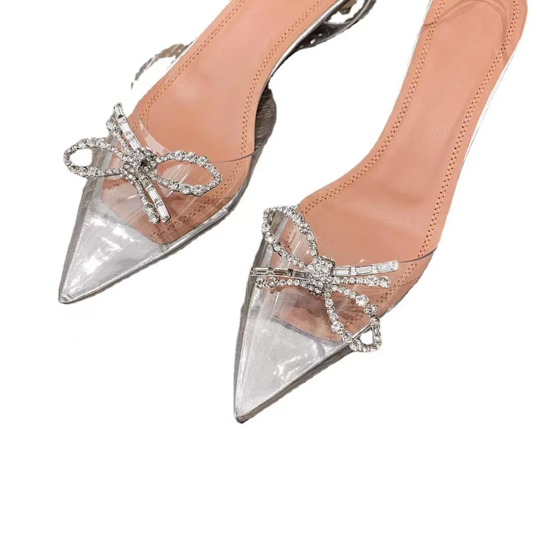2025 Summer Transparent Crystal Slippers Pointed Toe PVC Thin Heel Rhinestone Bow Backless Sandals