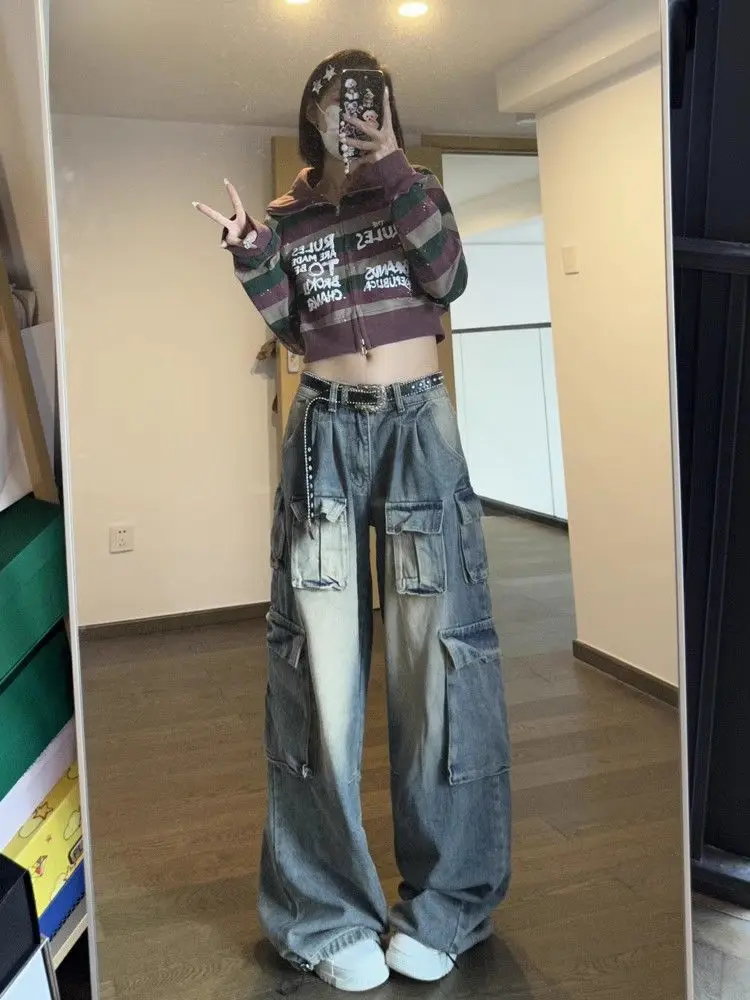 ORANDESIGNE Jeans a Vita Bassa da Donna Jeans Boyfriend Larghi Pantaloni Cargo Pantaloni Dritti a Gamba Larga Pantaloni Jeans Y2k Aesthetic Vintage Pantaloni Anni '90 E-Girl Streetwear S Nero XS