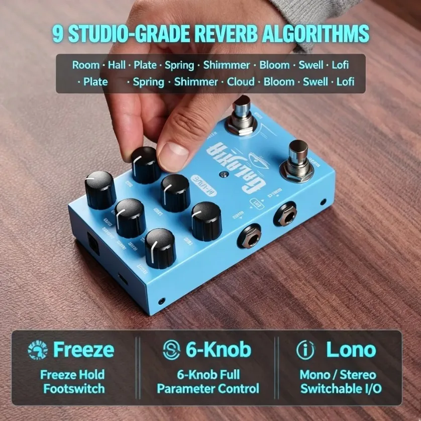 Pédale de réverbération stéréo M-VAVE Galaxia, 9 algorithmes, freeze, sustain infini, alimentation double USB-C DC, véritable stéréo pour guitare, synth, DAW