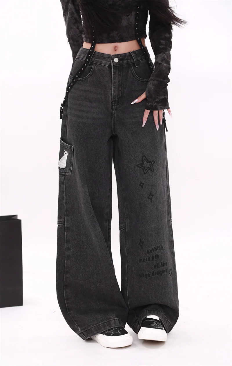 

Women's Cute Cat Pattern High Waisted Black Jeans Sweet Girl Personalized Trousers Casual Bottoms Female Wide Leg Pants