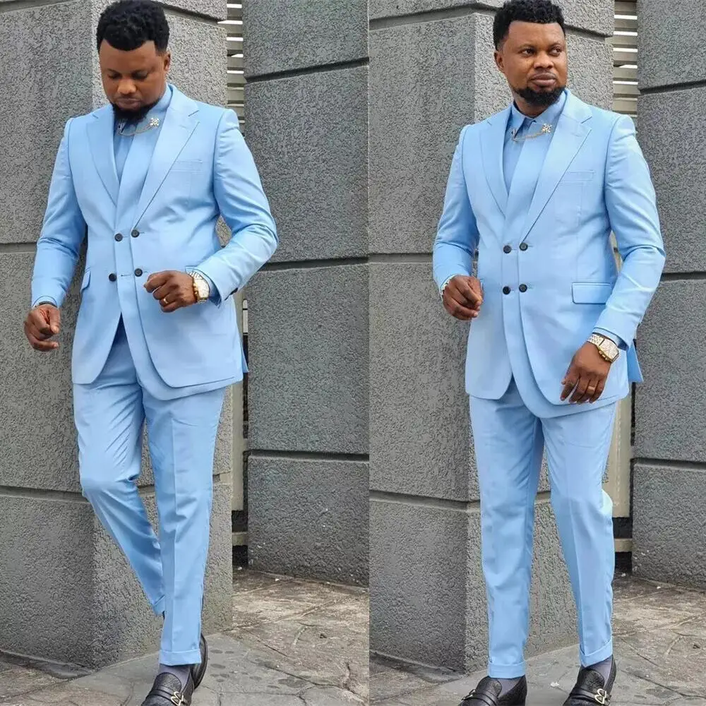 Unique Double Breasted Sky Blue Men Suit Two Pieces Fashion Hot Sell Male Set Daily Business Blazer Pants trajes para hombre