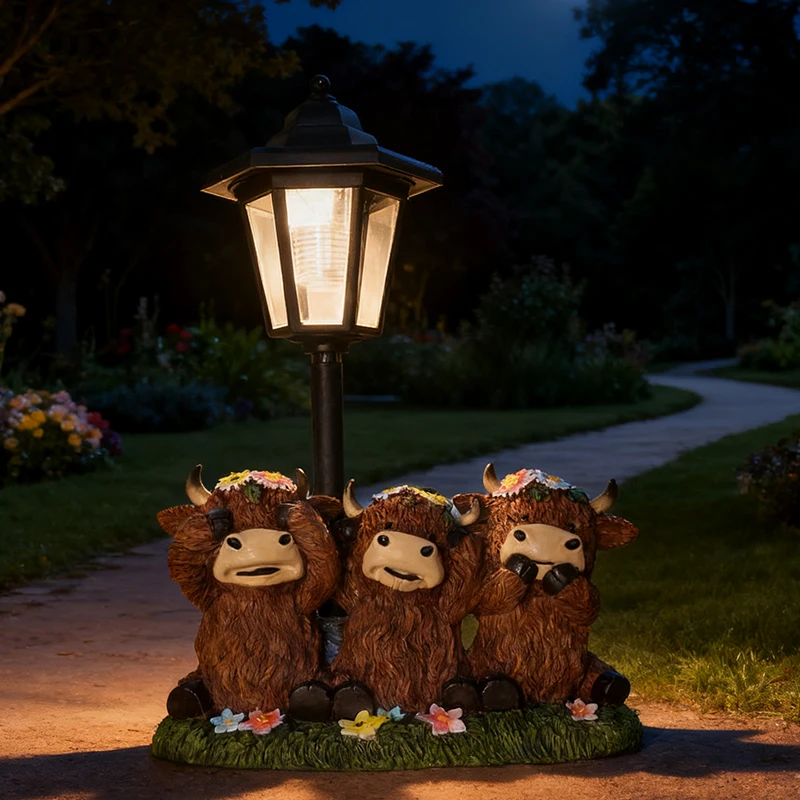 Solar Highland Cow Yard Light Resin Hexagonal Lamp Decorative Ornament Garden Courtyard Lawn Decorative Atmosphere Light
