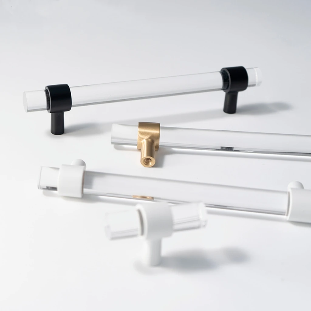 Various Sizes Transparent Acrylic+brass Drawer Knobs White T bar Handle Bathroom Pulls Kitchen Cabinet Door Handle Pull