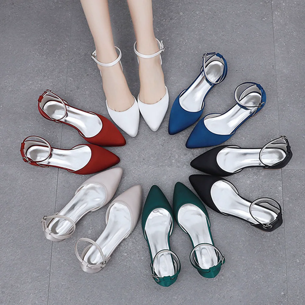 Spring and summer pointed satin rhinestone wristband flat heel wedding shoes square heel low heel 43 large size women's sandals - view 6