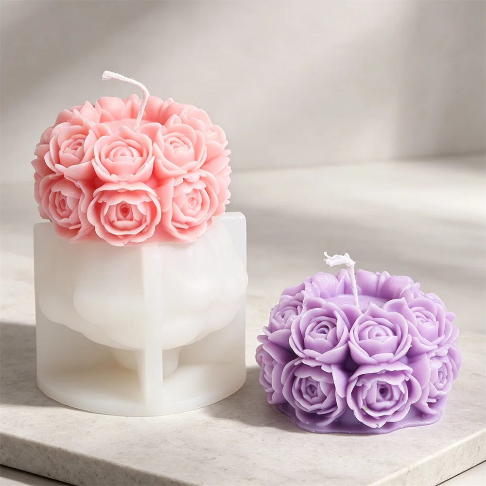 3D Rosenstrauß-Kugel Silikon-Kerzenform Romantische Blumencluster-Form DIY Kerzen-, Seifen- und Epoxidharzform für Valentinstag, Hochzeit und Heimdekoration